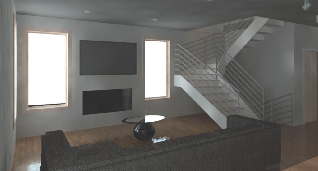 Interior perspectve of the living space with interior staircase