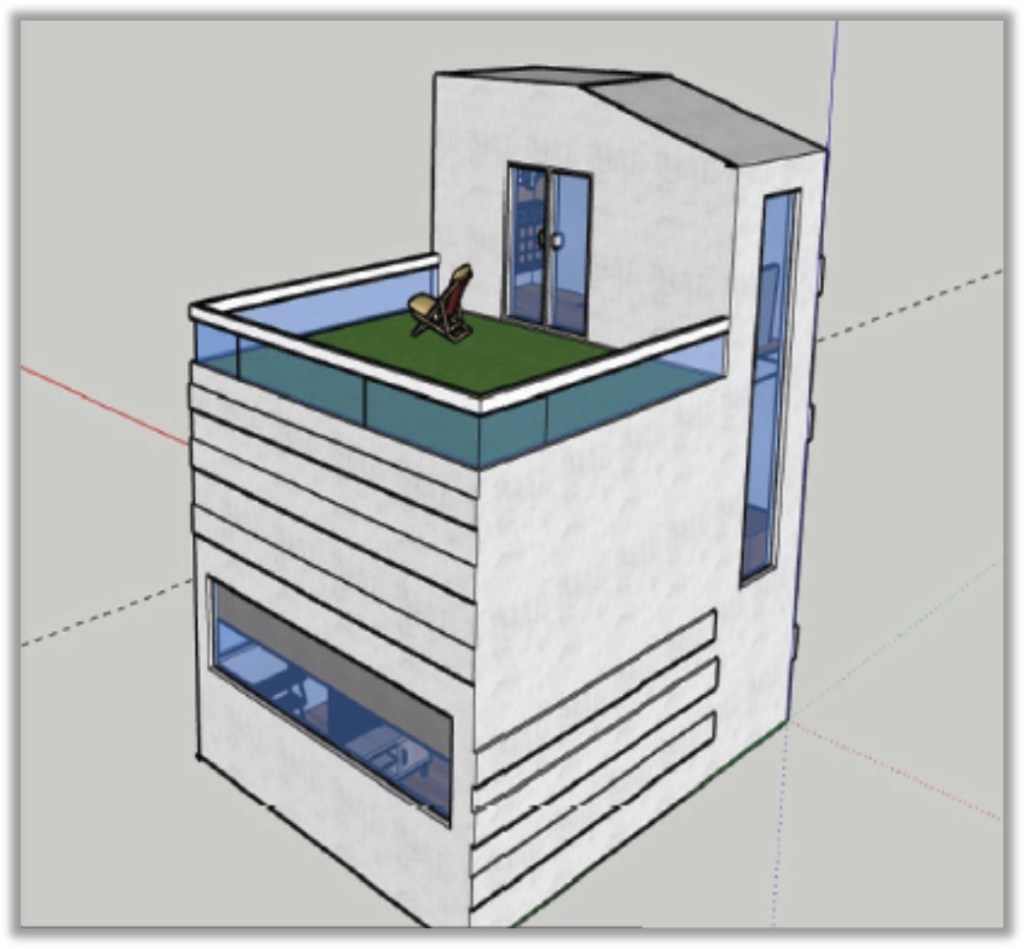 Exterior view of the tiny house with large horizontaal and vertical windows and terrace space on the 2nd level