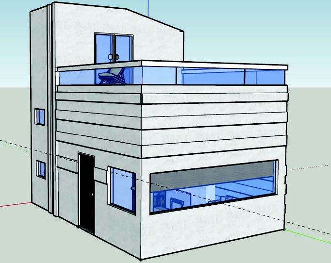 Exterior view of the tiny house with the front door, large horizontal window and terrace space on the 2nd level