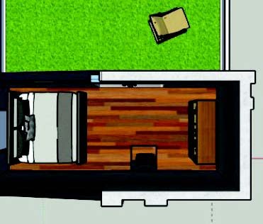 Interior view of the bedroom in the tiny house 