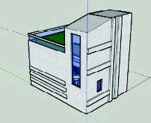 Exterior back view of the tiny house with the large vertical window and terrace space on the 2nd level