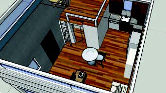 Interior view of the living space in the tiny house